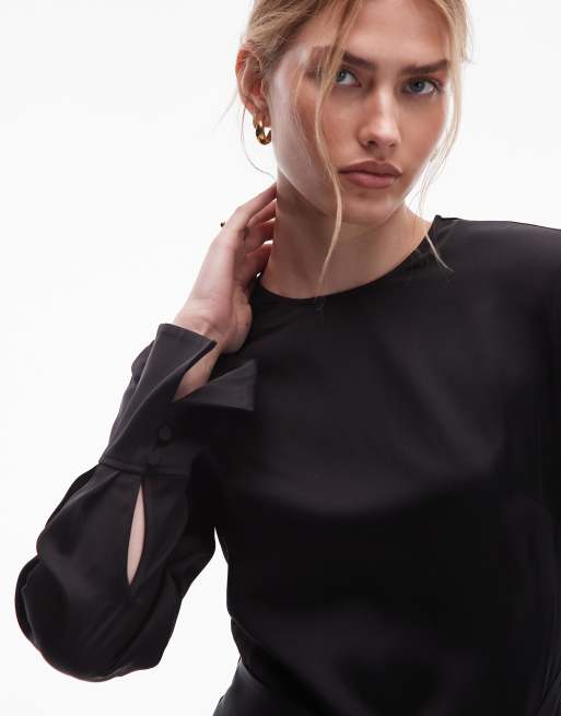 & Other Stories satin mini dress with asymetric hem in black, 3 of 4