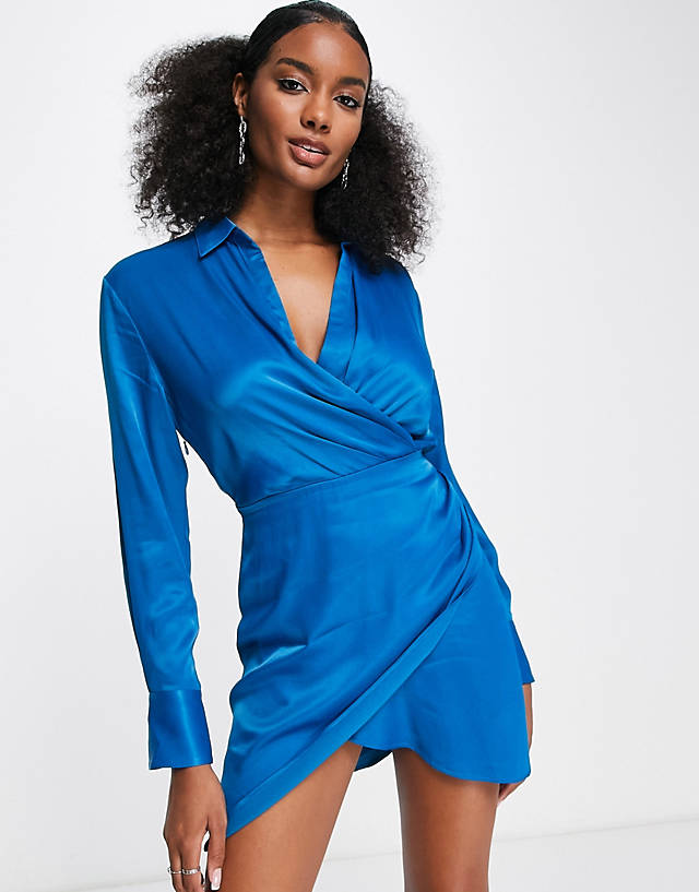& Other Stories satin mini wrap shirt dress in blue