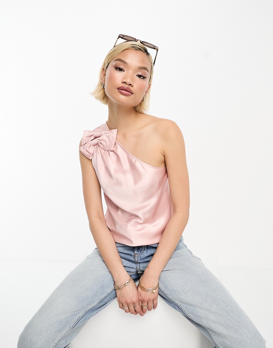 & Other Stories satin one shoulder top with bow detail in pink