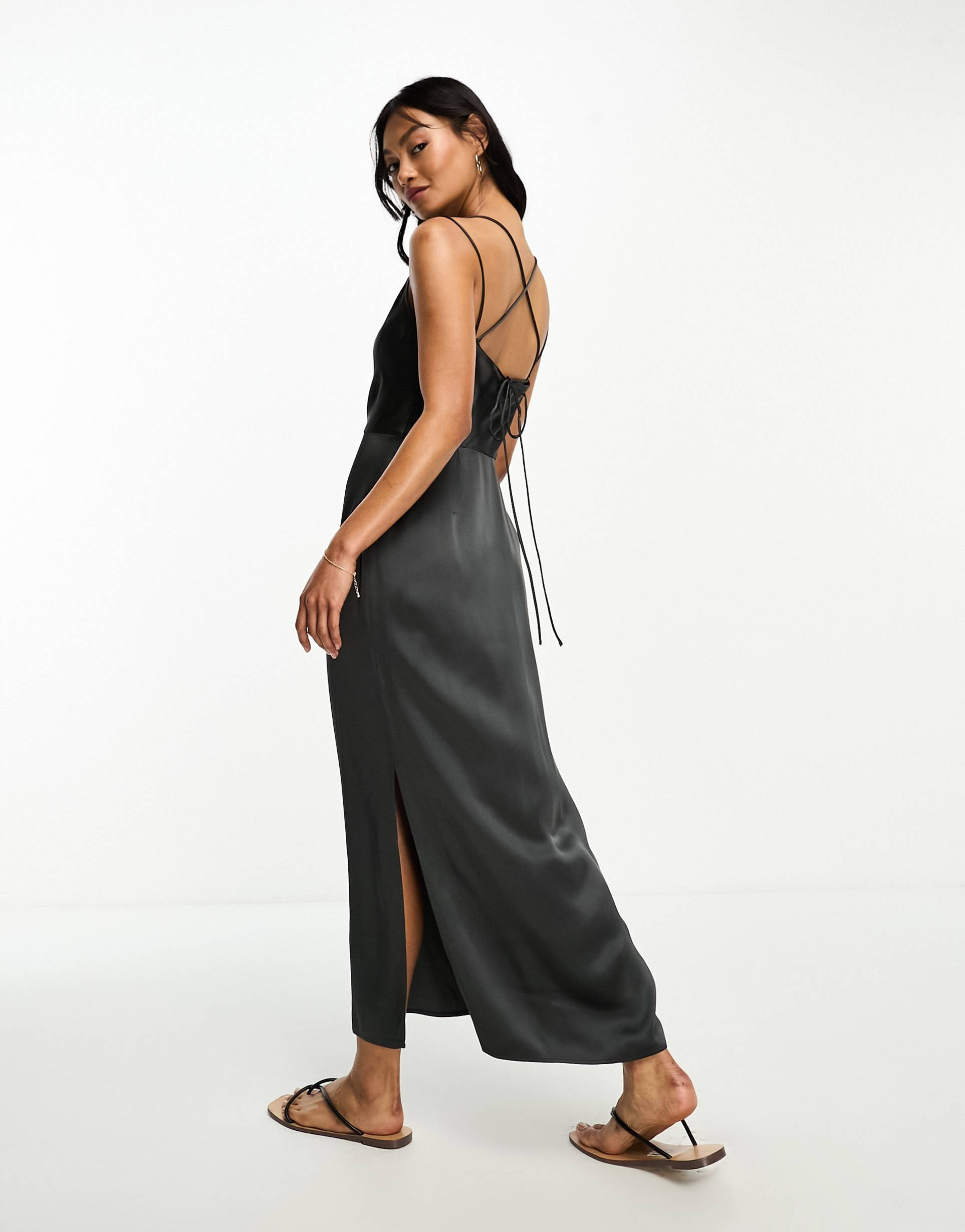 & other stories satin open back midi dress in dark gray