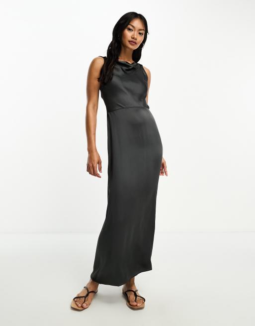 Other Stories satin open back midi dress in dark grey ASOS