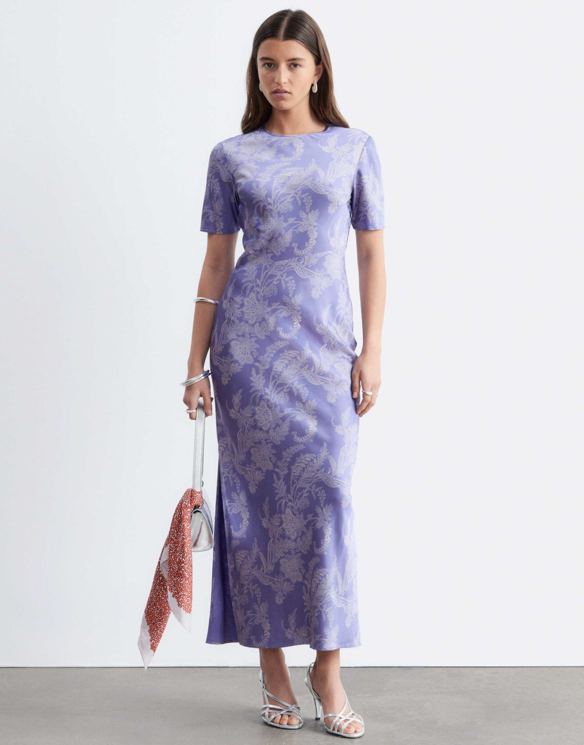& other stories satin paisley print maxi dress with cut in waist and slit slide in purple