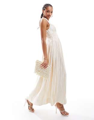 & Other Stories & Other Stories satin plisse midaxi dress with volume hem and twisted straps in off white