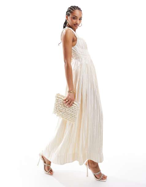 & Other Stories satin plisse midaxi dress with volume hem and twisted straps in off white - view 1