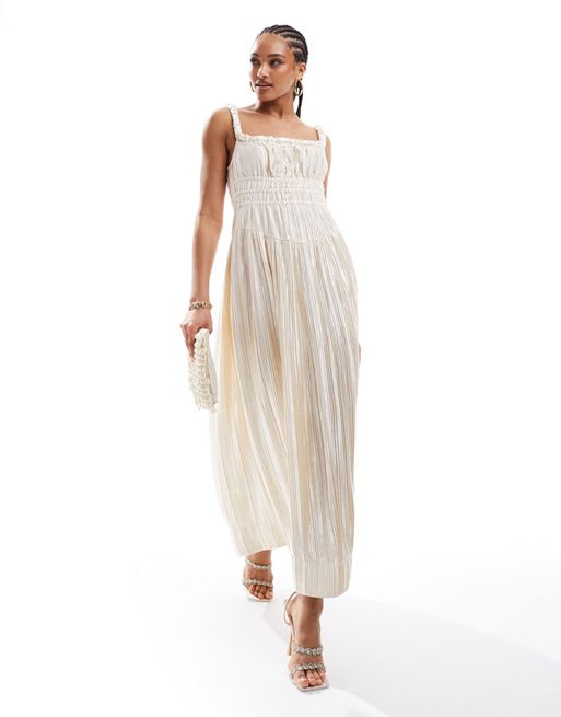  & Other Stories satin plisse midaxi dress with volume hem and twisted straps in off white