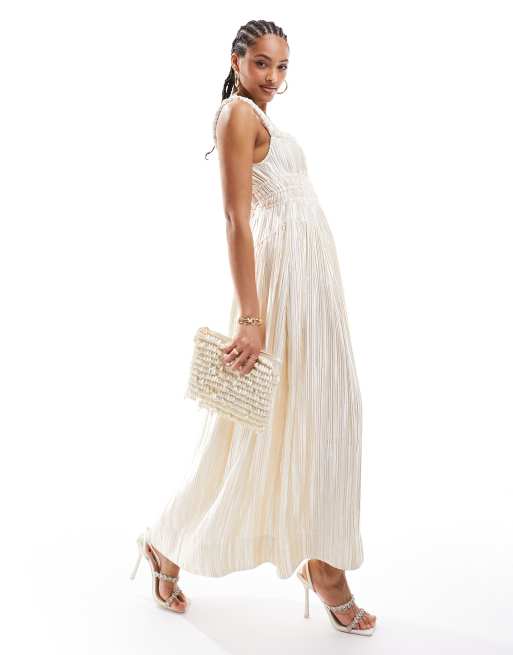 Other Stories satin plisse midaxi dress with volume hem and twisted straps in off white ASOS