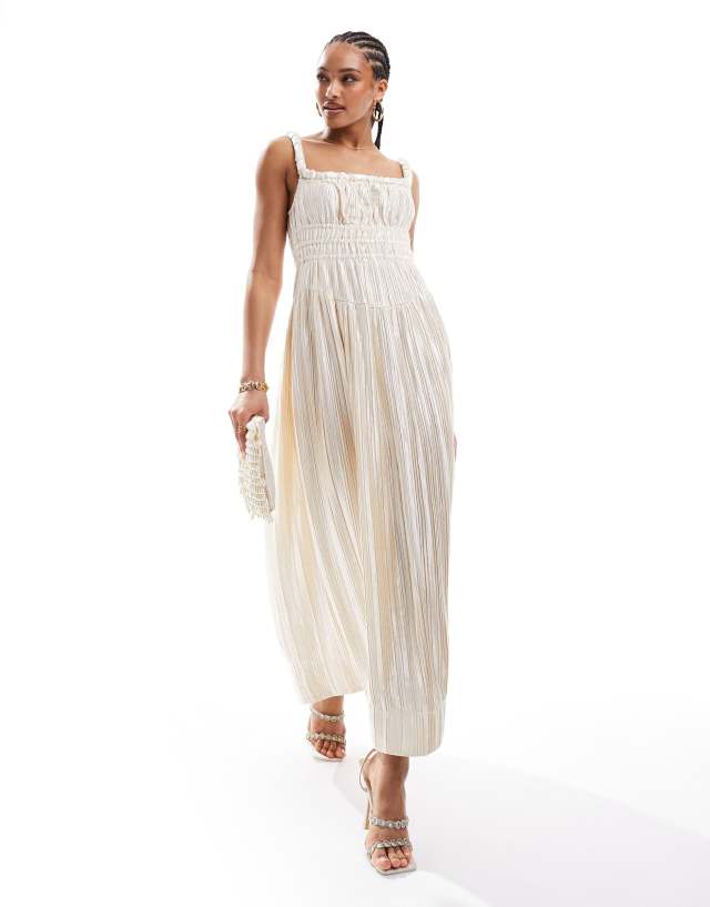 & Other Stories - satin plisse midaxi dress with volume hem and twisted straps in off white