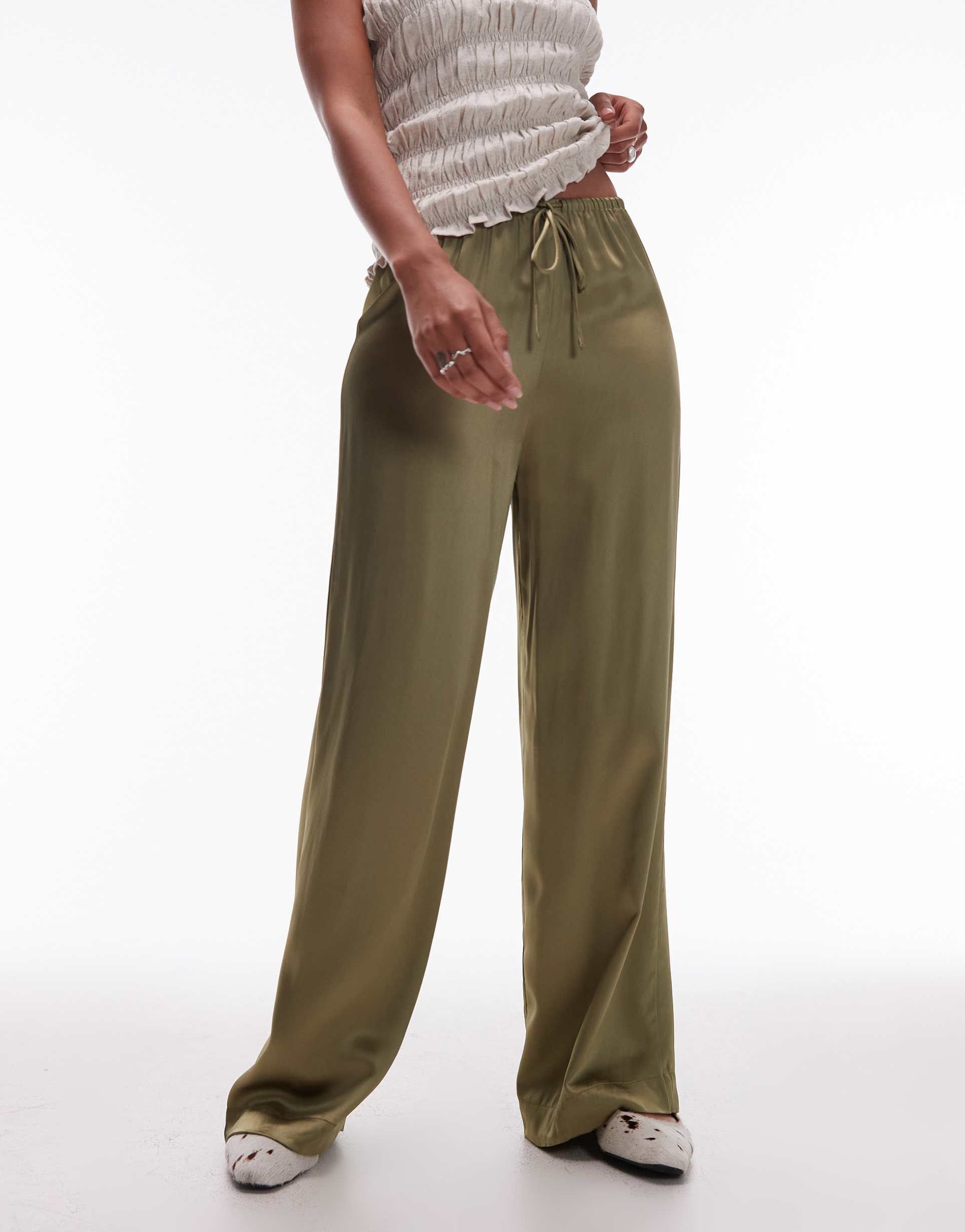 & other stories satin pull-on wide leg pants in khaki green