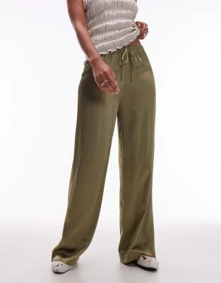 & Other Stories & Other Stories satin pull-on wide leg trousers in khaki green