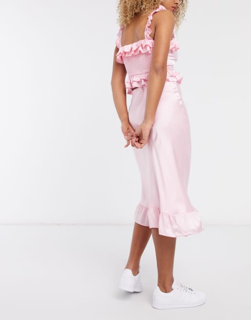 Pink ruffle midi skirt hotsell