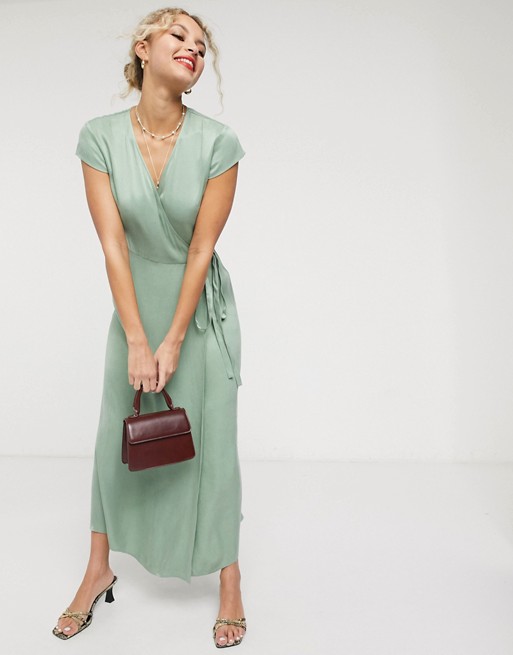 & Other Stories satin short sleeve midaxi dress in dusty green