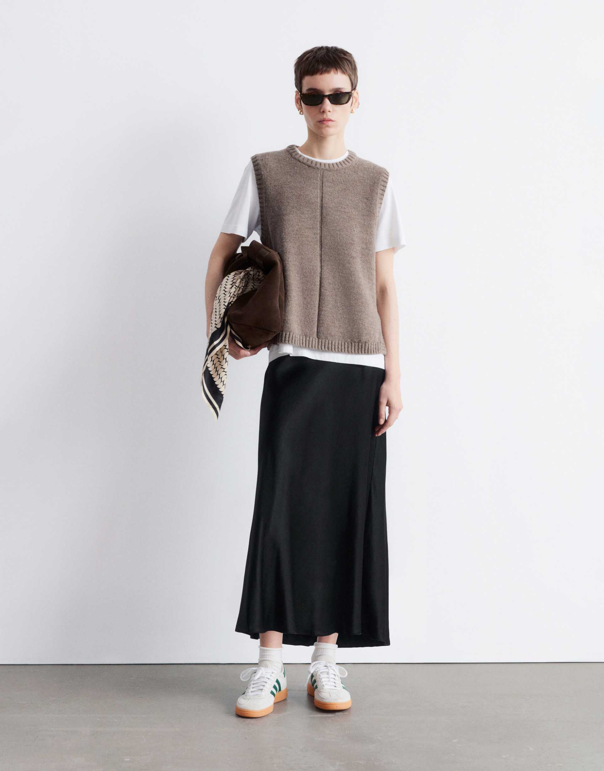 & other stories satin slip midi skirt in black