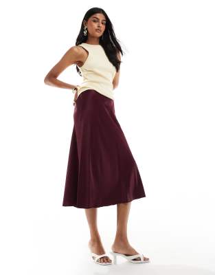 & other stories satin slip midi skirt in burgundy