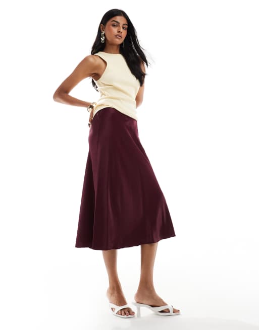 Other Stories satin slip midi skirt in burgundy ASOS