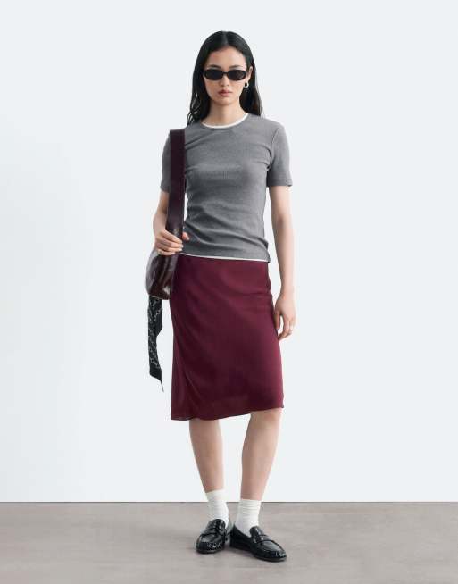 & Other Stories satin slip midi skirt in dark red, 3 of 4