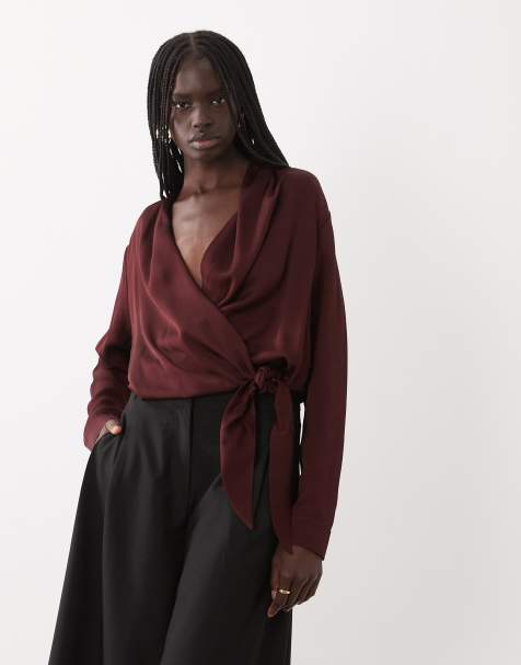 & Other Stories satin wrap blouse in wine - view 1