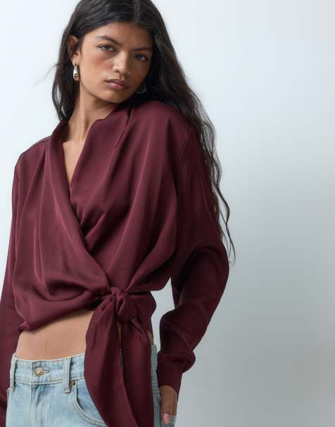 & Other Stories satin wrap blouse in wine