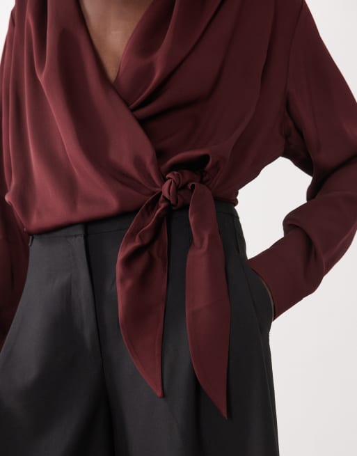 & Other Stories satin wrap blouse in wine, 3 of 4