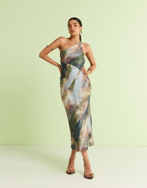 & Other Stories one shoulder satin midi dress with twisted strap detail in watercolour print