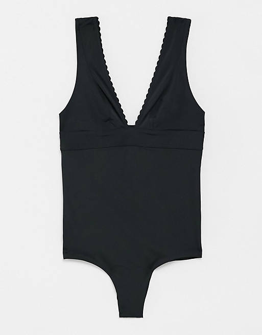 & Other Stories scallop edge plunge swimsuit in black - BLACK | ASOS