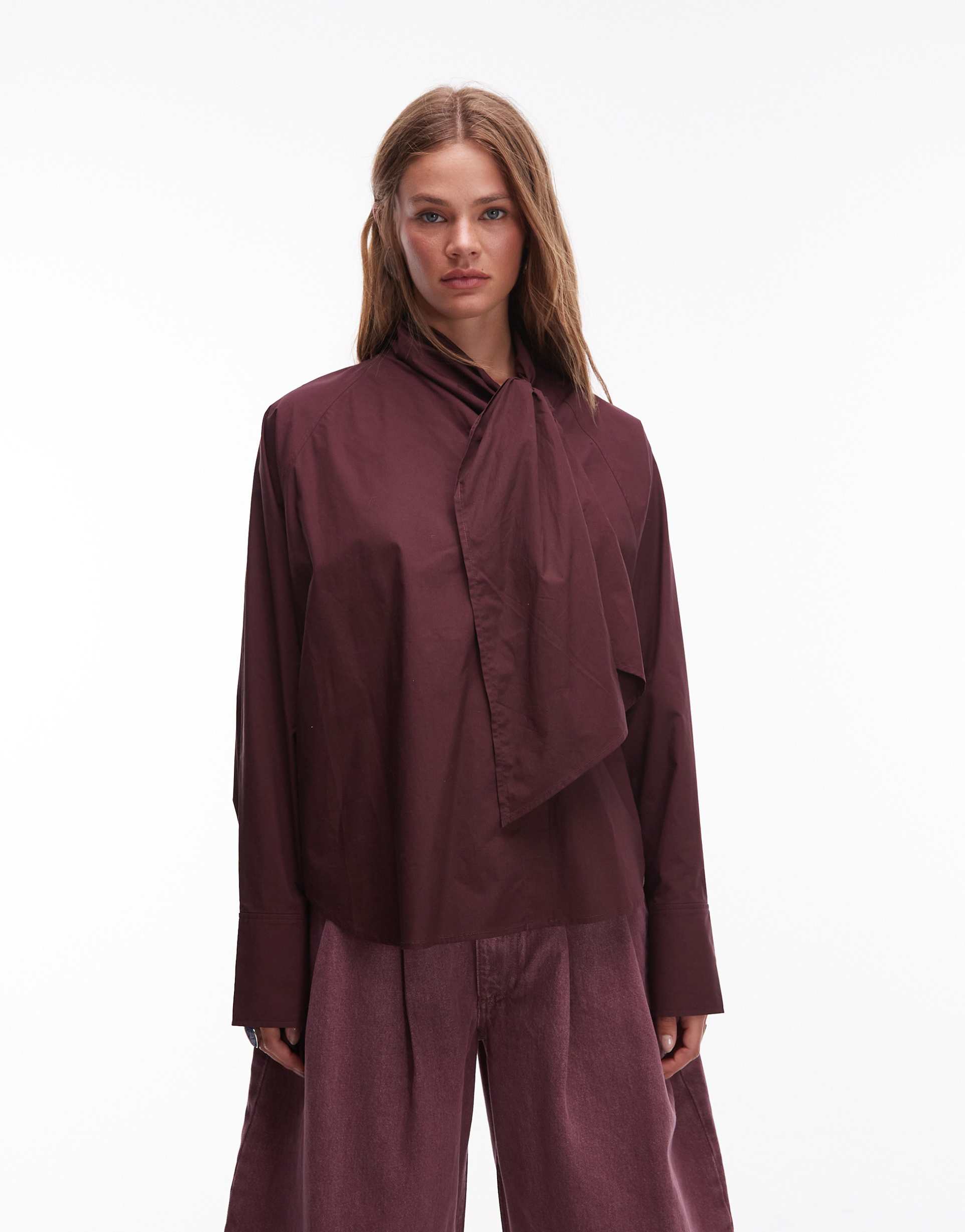 & other stories scarf neck blouse with volume sleeves in burgundy plum