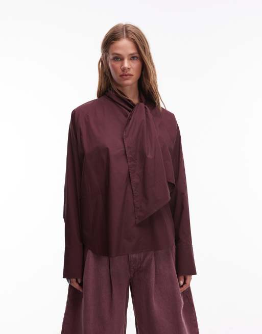 & Other Stories scarf neck blouse with volume sleeves in burgundy plum, 2 of 4