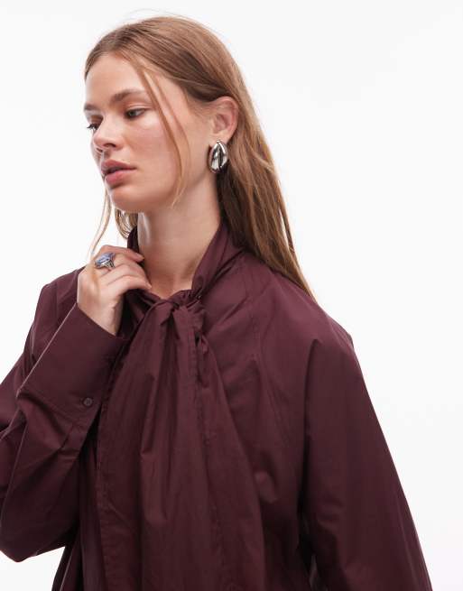 & Other Stories scarf neck blouse with volume sleeves in burgundy plum, 3 of 4