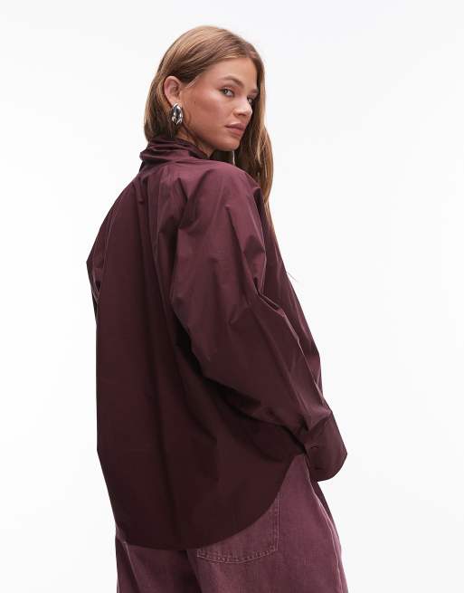 & Other Stories scarf neck blouse with volume sleeves in burgundy plum, 4 of 4