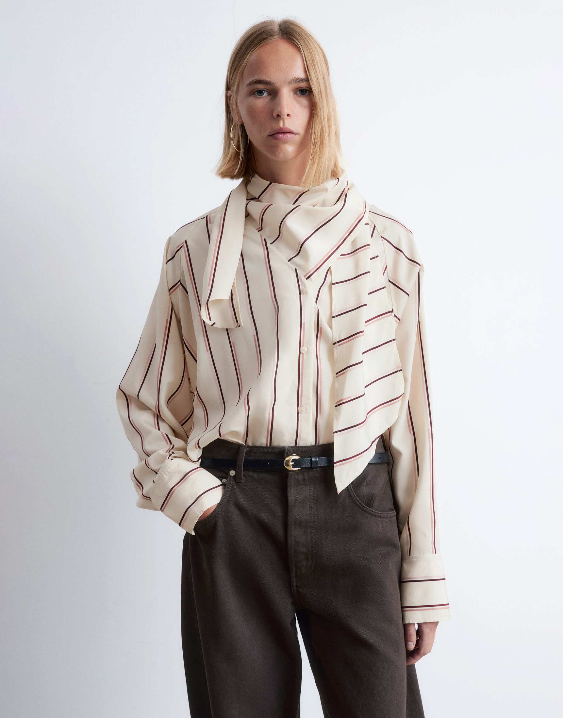 & other stories scarf neck blouse with volume sleeves in vintage beige stripes