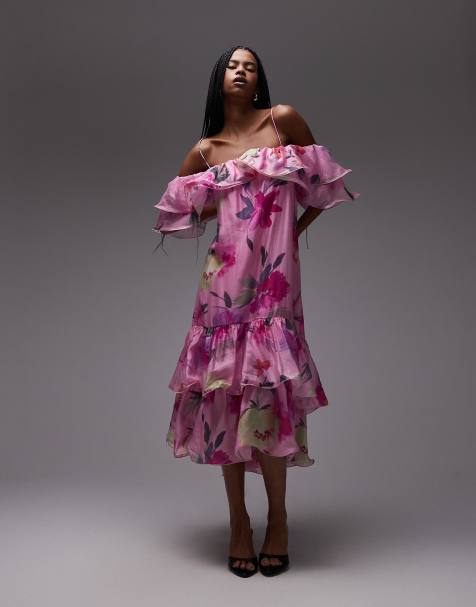 & Other Stories – Schulterfreies Midaxi-Kleid mit Rüschen und rosa Blumenmuster - view 1