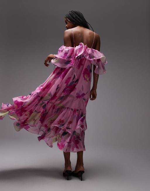 & Other Stories – Schulterfreies Midaxi-Kleid mit Rüschen und rosa Blumenmuster, 3 von 4