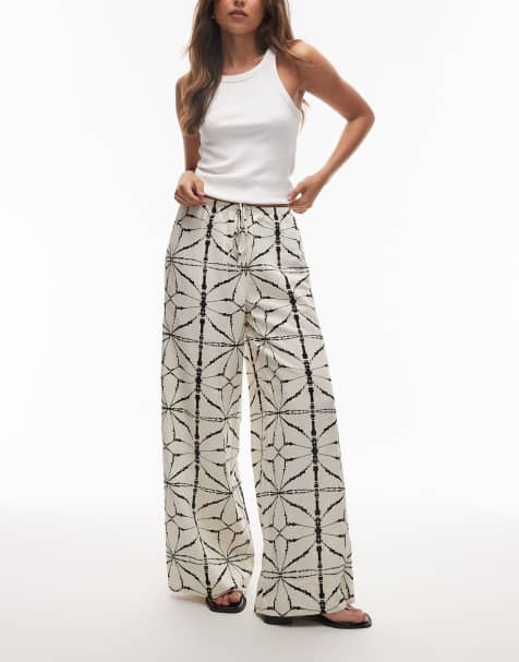 & Other Stories linen wide leg trousers with drawstring waist in off white and black pattern