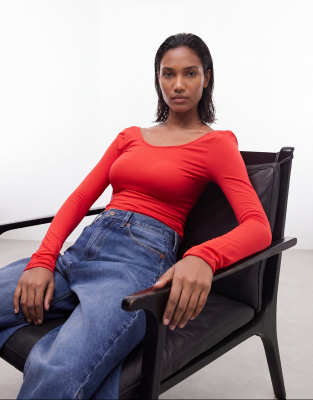 & Other Stories Scoop Back And Front Long Sleeve Slim Fit Top With Thumbholes In Red