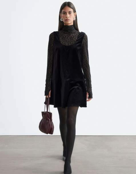 & Other Stories scoop neck velvet slip dress in black - view 1