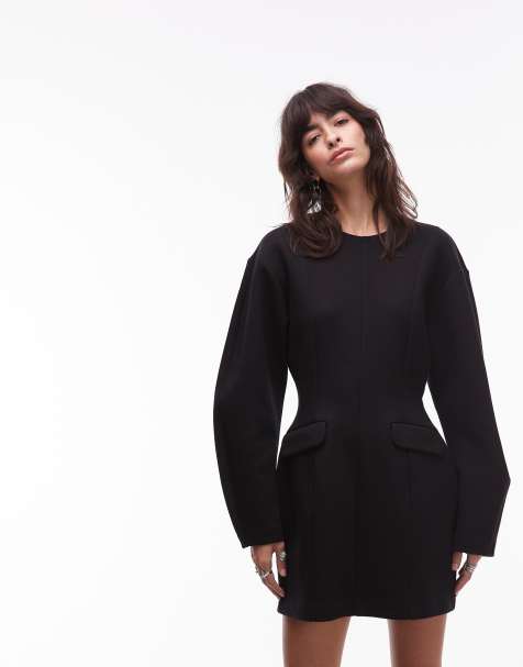 & Other Stories sculptured mini dress with volume sleeves and marked waist in black - view 1