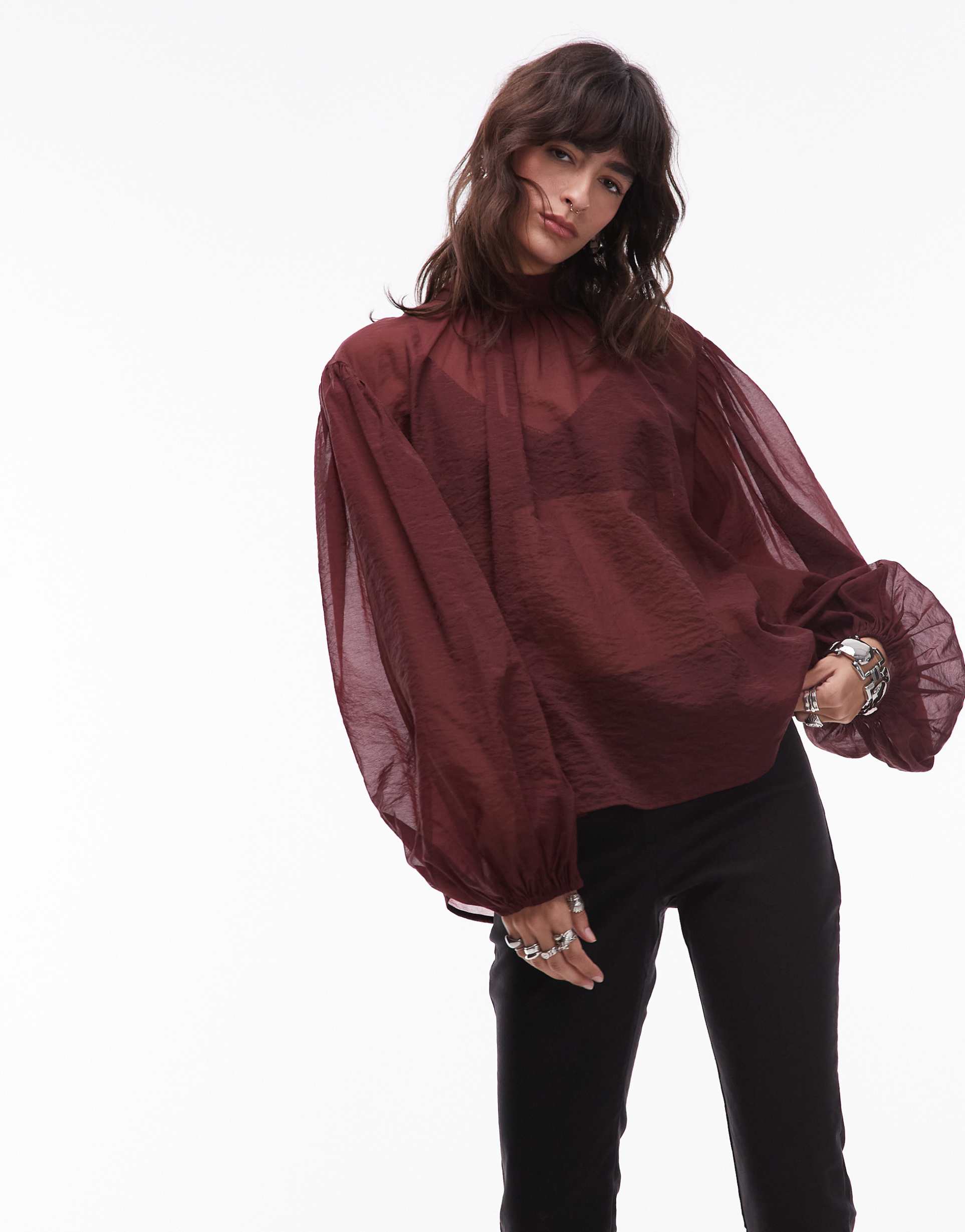 & other stories semi sheer blouse with puff sleeves and bow in burgundy plum