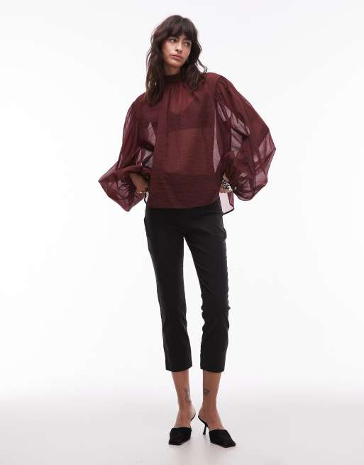 & Other Stories semi sheer blouse with puff sleeves and bow in burgundy plum, 3 of 4