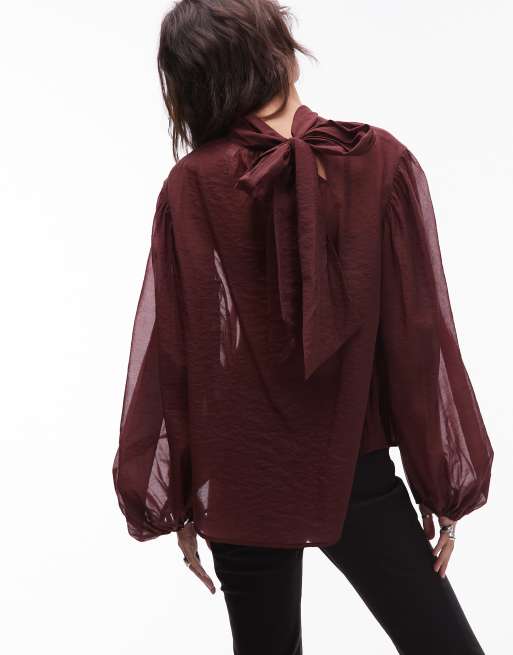 & Other Stories semi sheer blouse with puff sleeves and bow in burgundy plum, 4 of 4
