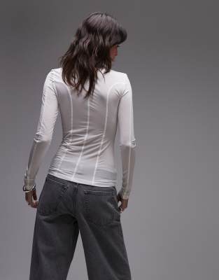 & Other Stories Semi Sheer Jersey Top With Mock Neck And Seam Detail In White