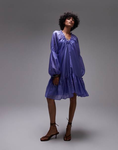 & Other Stories semi sheer mini dress with volume sleeves in blue - view 1