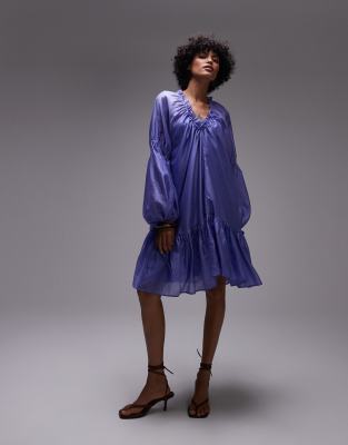 [Other Stories] & Other Stories semi sheer mini dress with volume sleeves in blue S BLUE