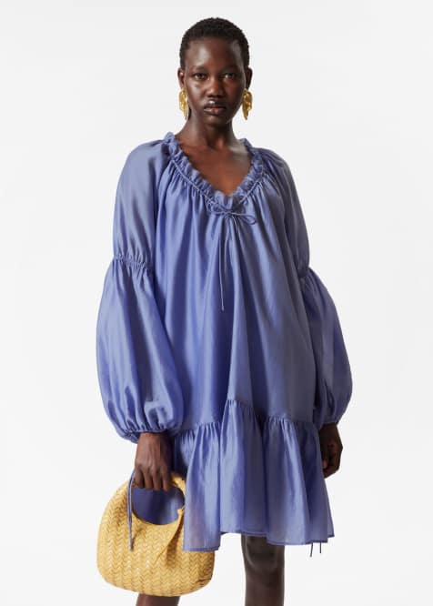 & Other Stories semi sheer mini dress with volume sleeves in blue