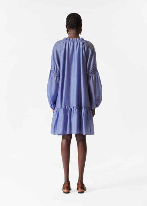 & Other Stories semi sheer mini dress with volume sleeves in blue, 3 of 4