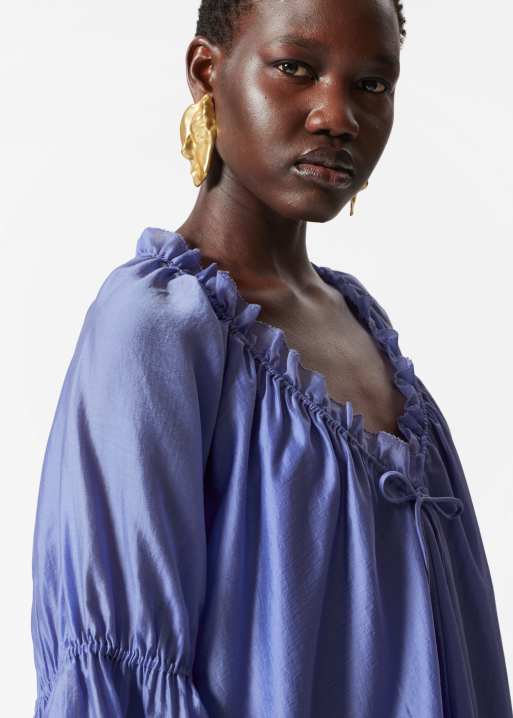 & Other Stories semi sheer mini dress with volume sleeves in blue, 4 of 4