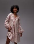 [Other Stories] & Other Stories semi sheer mini dress with volume sleeves in floral print-Neutral S beige