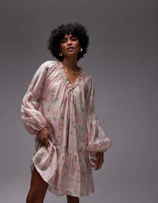 & other stories semi sheer mini dress with volume sleeves in floral print