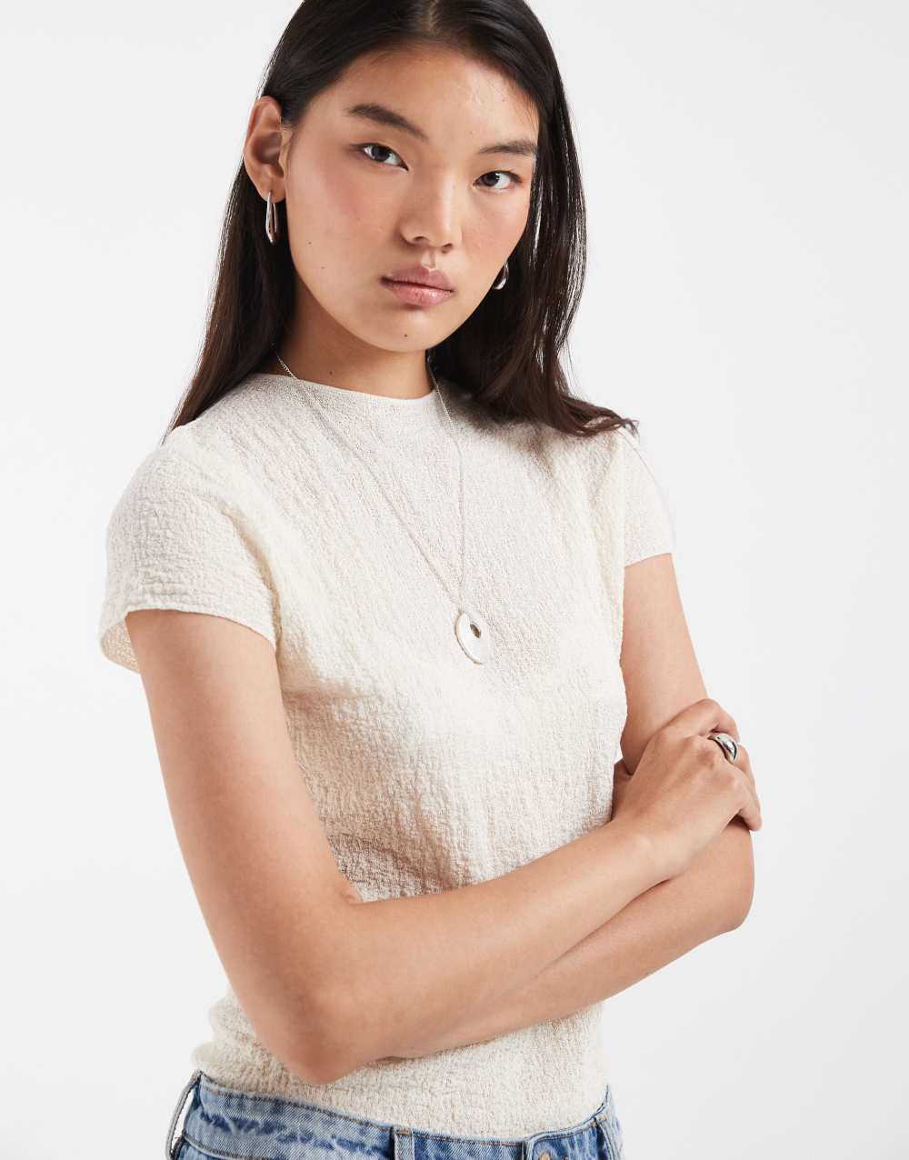 & Other Stories semi sheer short sleeve high neck knit top in white