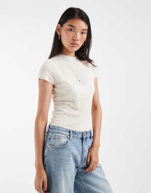 & Other Stories semi sheer short sleeve high neck knit top in white, 3 of 4