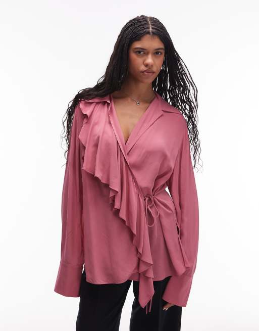 & Other Stories semi sheet blouse with asymmetric ruffle in pomegranate pink 