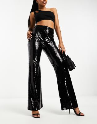 Women Sheer Sequin Flare Pants Trousers Glitter Bell Bottom Dance